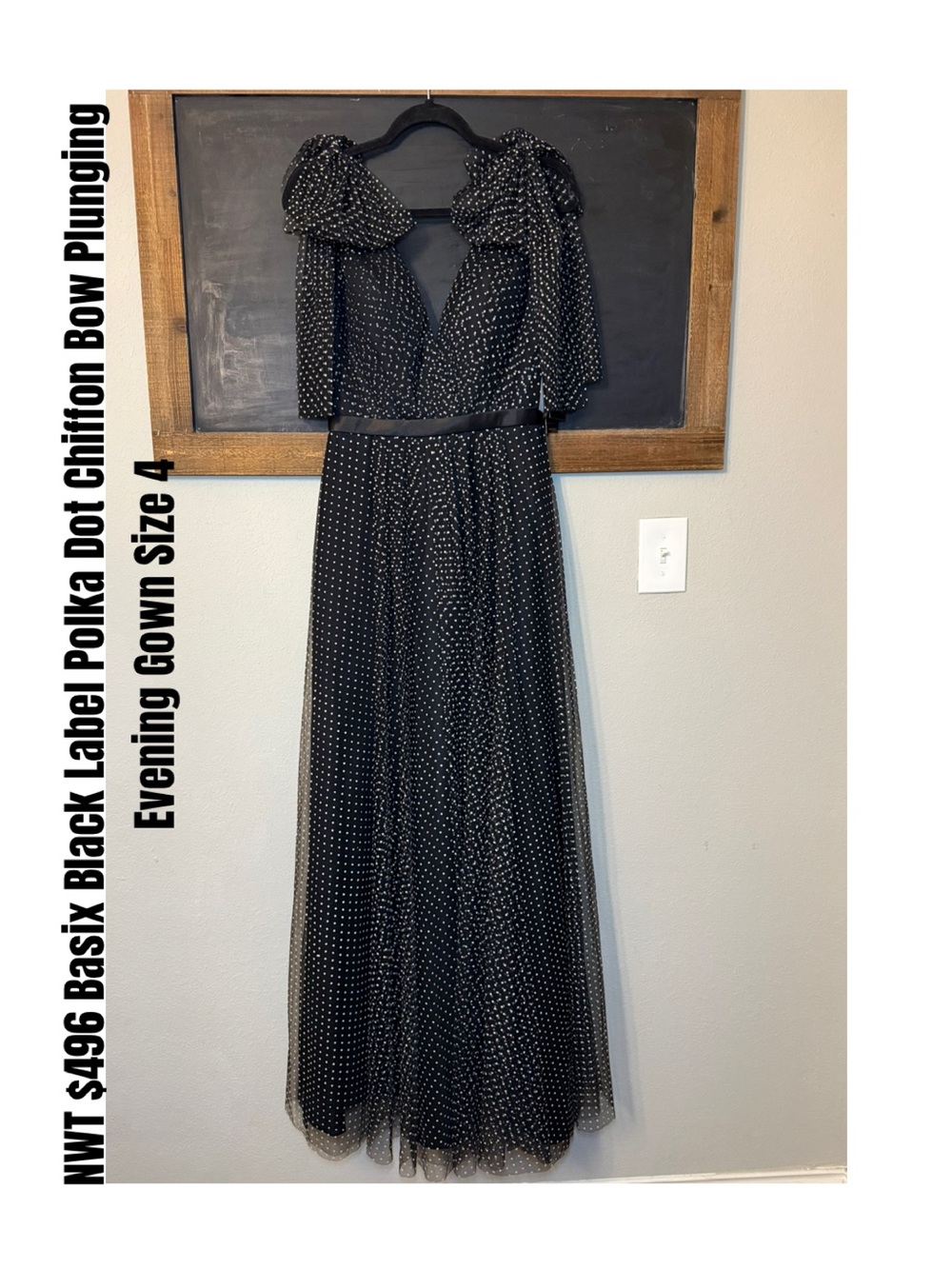 Basix Black Label Polka Dot Chiffon Bow Plunging Evening Gown Size 4